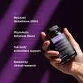 Hand holding a bottle of Altuvo Advanced Glutathione Therapy against a purple background