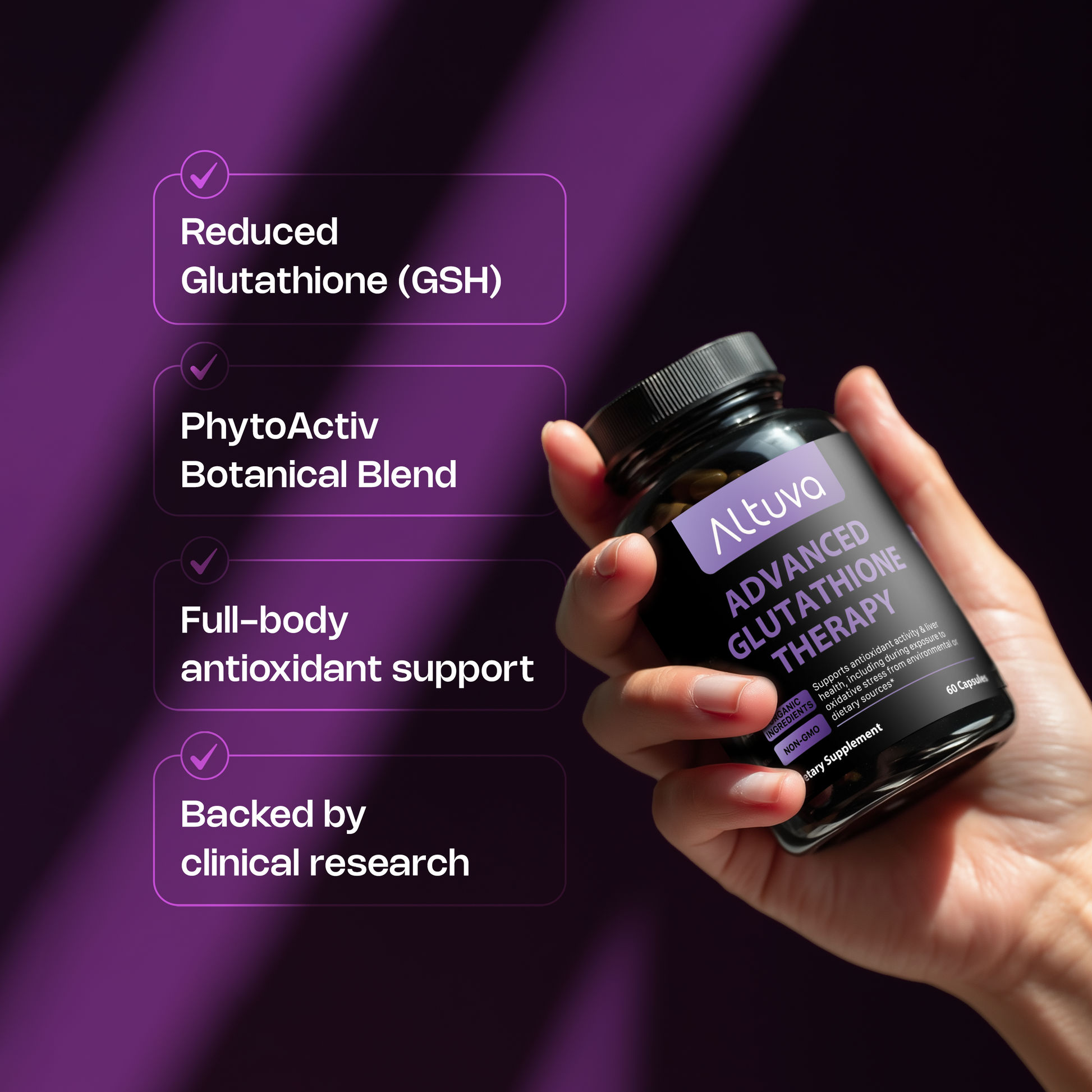 Hand holding a bottle of Altuvo Advanced Glutathione Therapy against a purple background