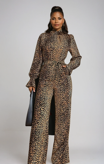 Leopard Flounce Sleeve Wide Leg Jumpsuit