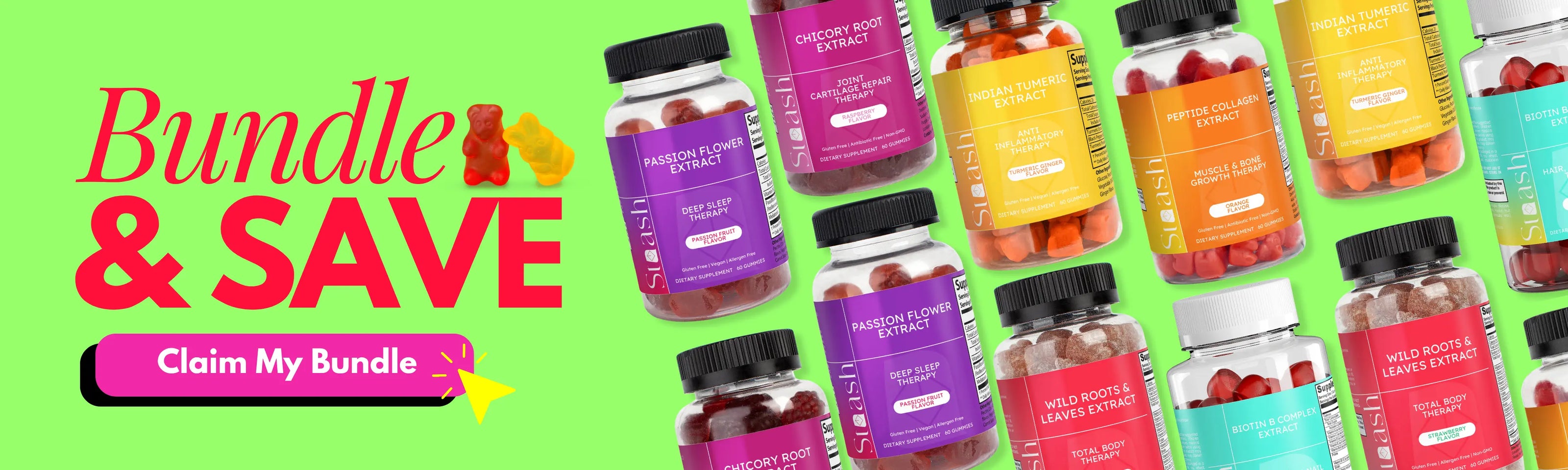 Supplement bottles with colorful labels on a green background, promoting a bundle offer.
