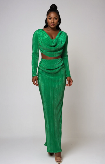 Ruched Cowl Neck Top and Maxi Skirt Set