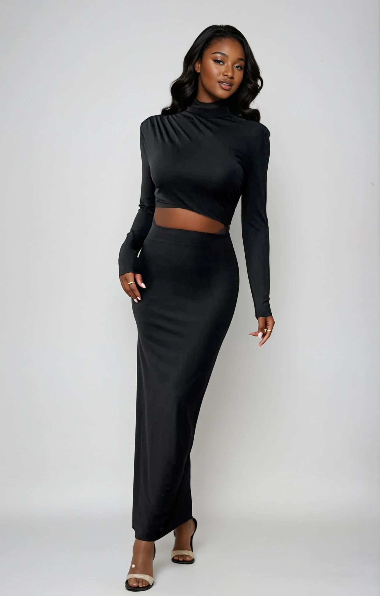 Honey Slit Mock Neck Long Sleeve Maxi Dress