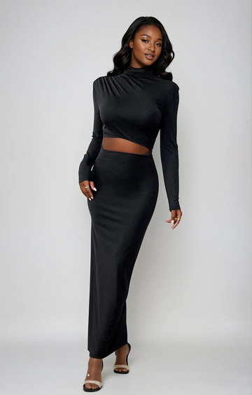 Honey Slit Mock Neck Long Sleeve Maxi Dress
