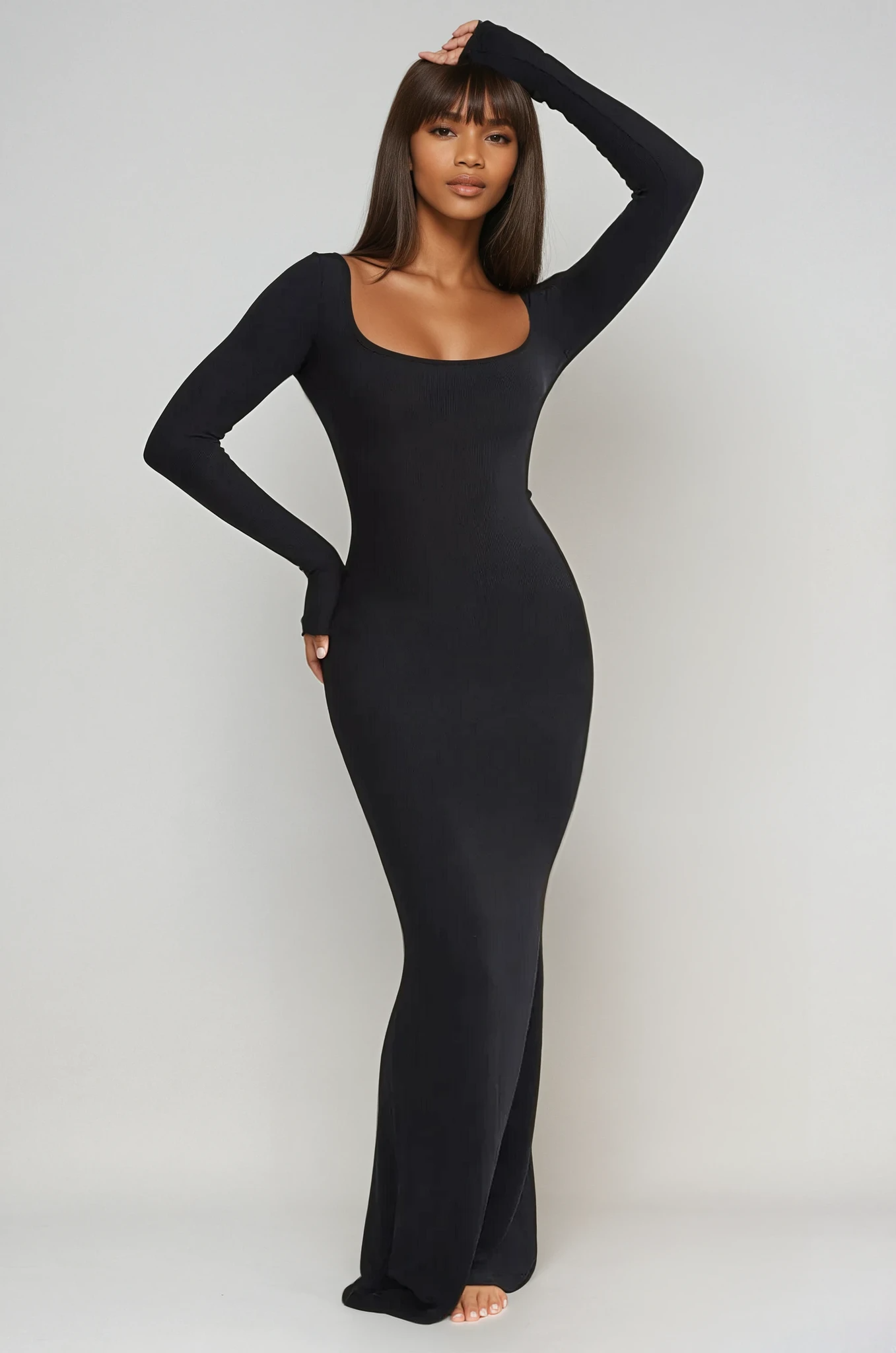 Built-In Shapewear Square Neck Long Sleeve Maxi Dress