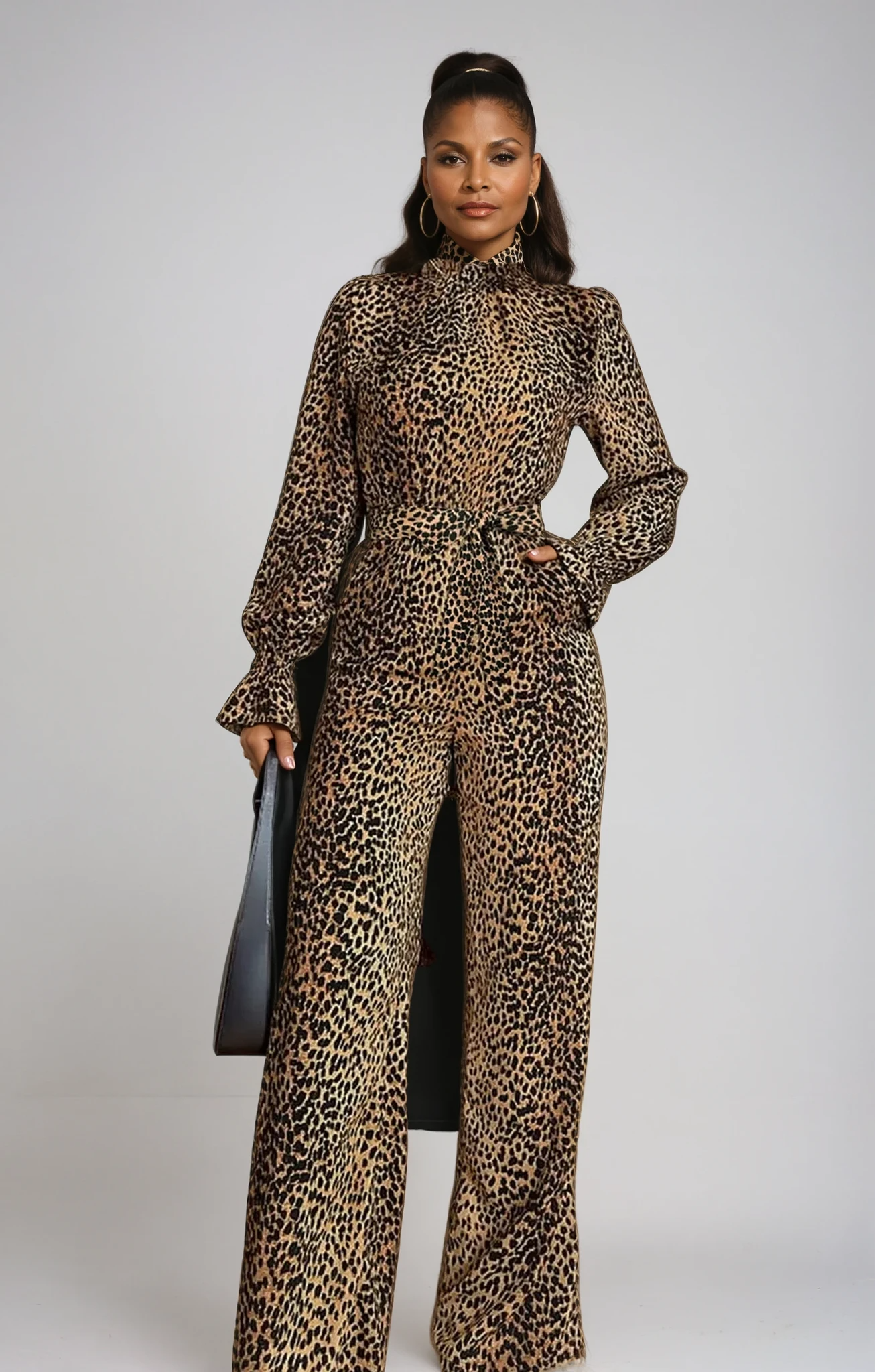 Leopard Flounce Sleeve Wide Leg Jumpsuit