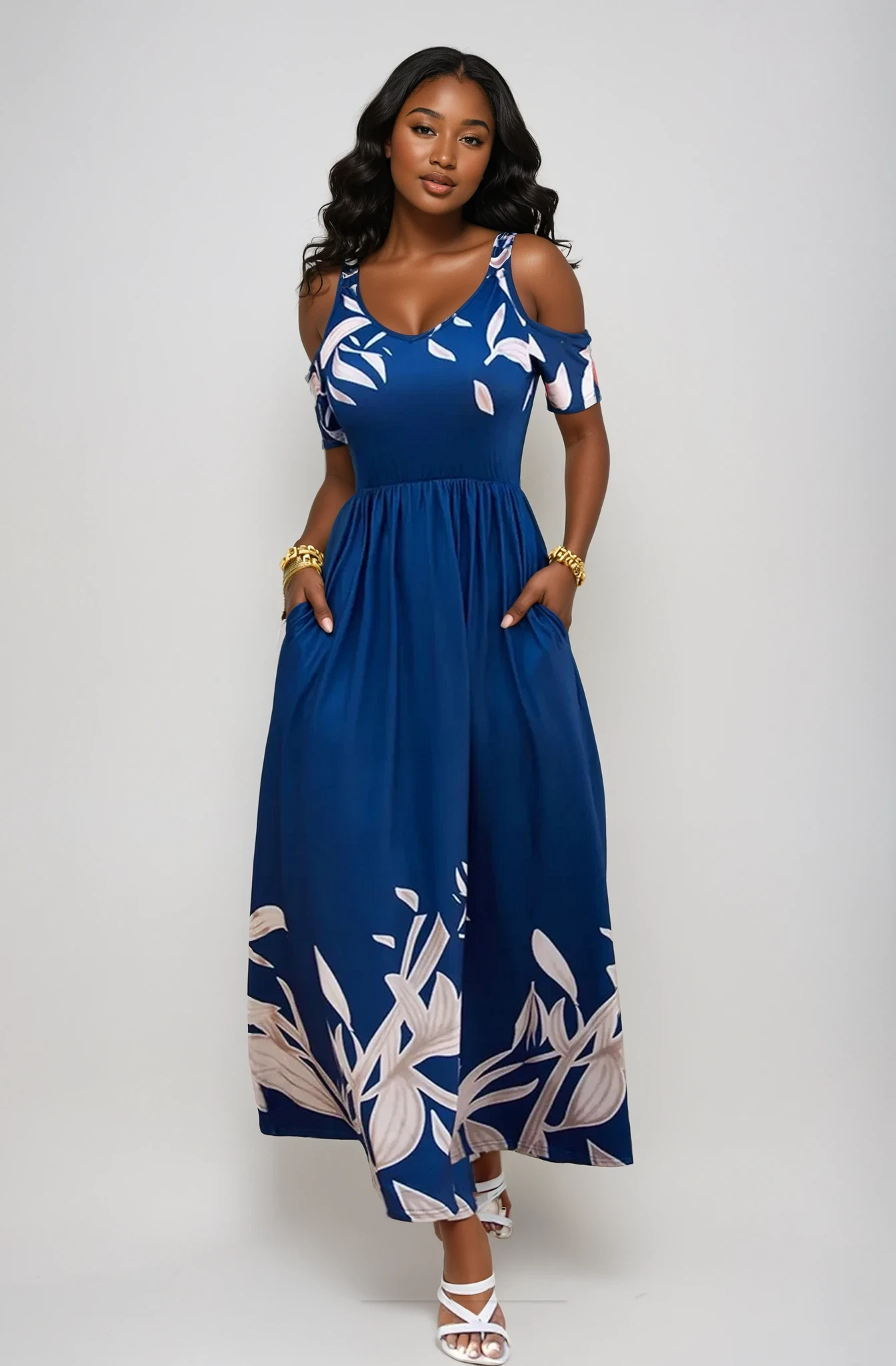Printed Cold Shoulder Short Sleeve Maxi Dress