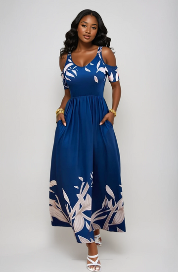 Printed Cold Shoulder Short Sleeve Maxi Dress