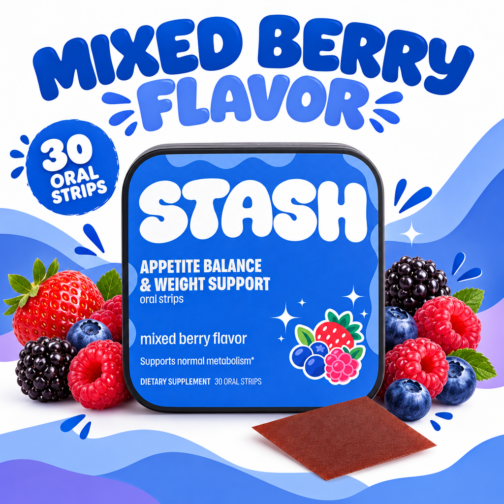 Blue STASH Appetite Balance mixed berry oral strips tin with berry props