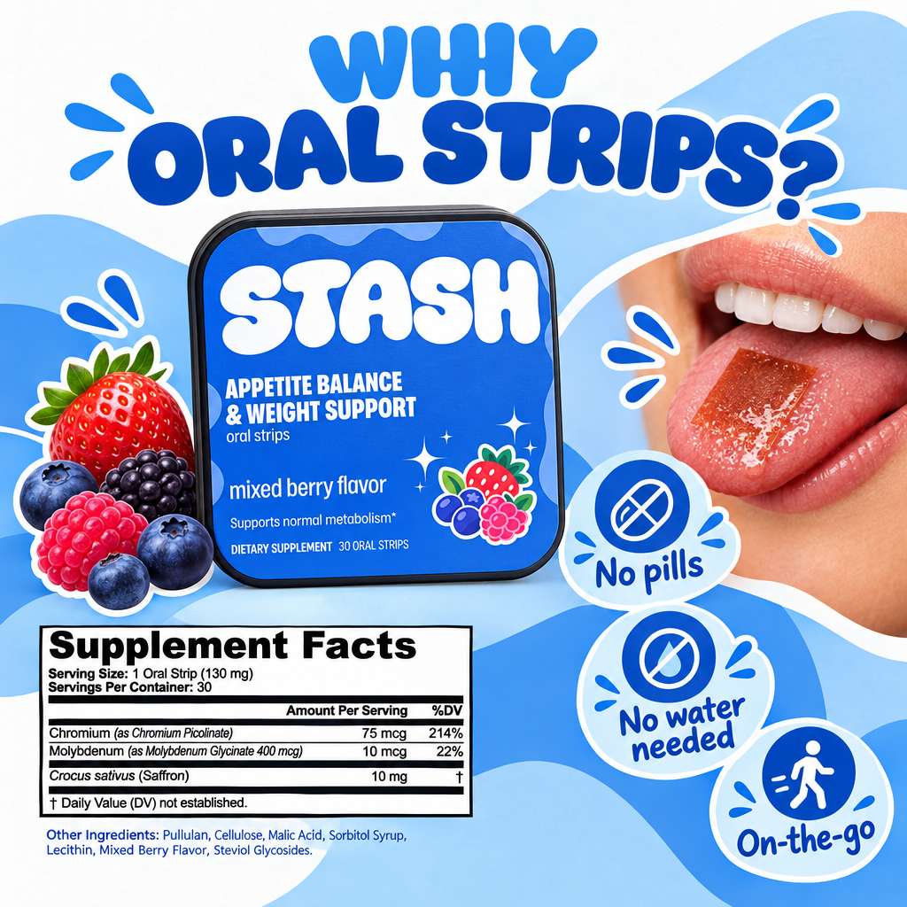 STASH oral strips with no pills, no water needed and on-the-go callouts
