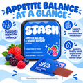 Appetite Balance at a Glance with blue STASH mixed berry tin and three support callouts