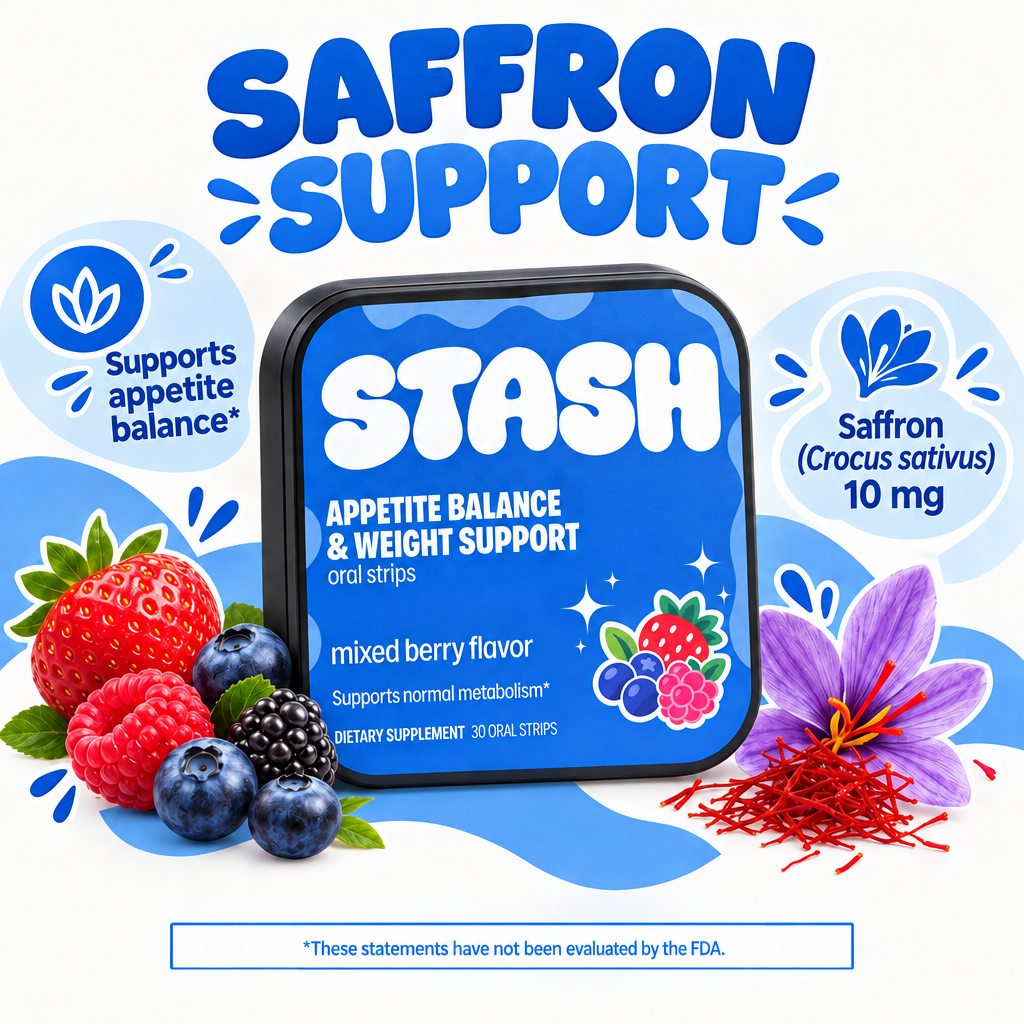 Saffron Crocus sativus 10 mg spotlight and blue STASH appetite balance tin
